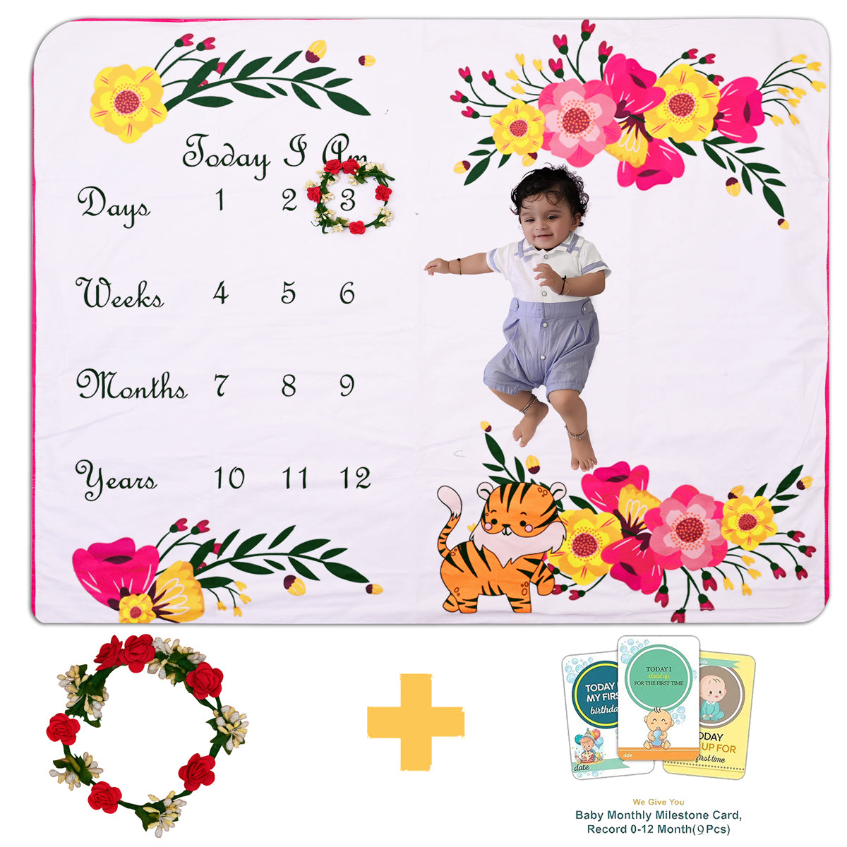 Photoshoot-Ready Adorable Flower Brooch Baby's Milestone Blanket with Ring & Cards [99 x 120]