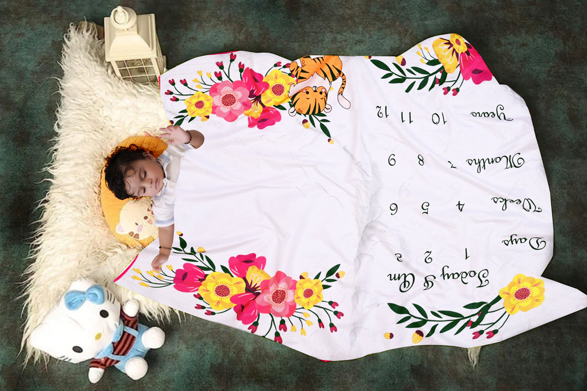 Photoshoot-Ready Adorable Flower Brooch Baby's Milestone Blanket with Ring & Cards [99 x 120]