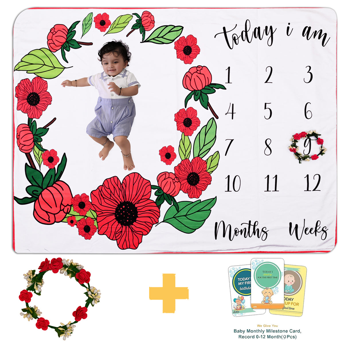 Adorable Red Flower & Green Leaf Circle Baby Milestone Blanket with Ring & Milestone Cards [99 x 120]