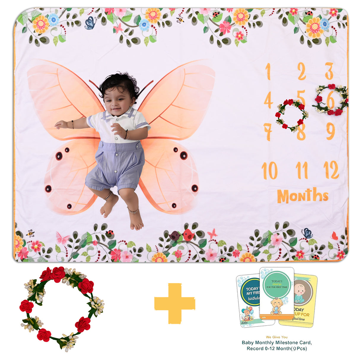 Beautiful Butterfly & Flowers Printed Baby Milestone Blanket with Ring & Milestone Cards [99 x 120]