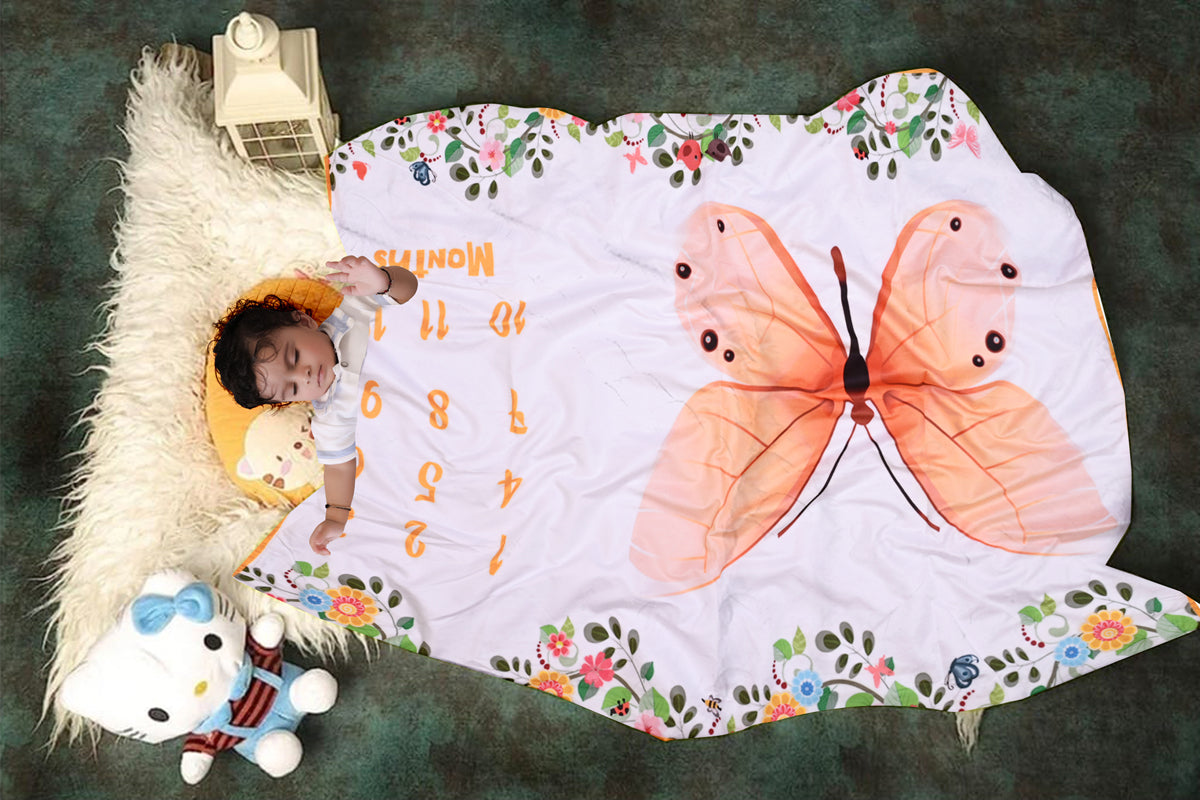 Beautiful Butterfly & Flowers Printed Baby Milestone Blanket with Ring & Milestone Cards [99 x 120]