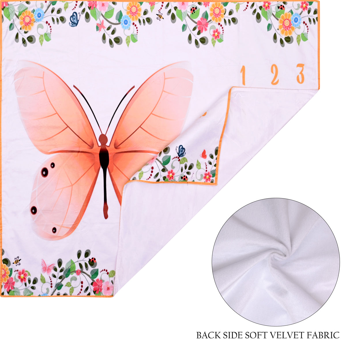 Beautiful Butterfly & Flowers Printed Baby Milestone Blanket with Ring & Milestone Cards [99 x 120]