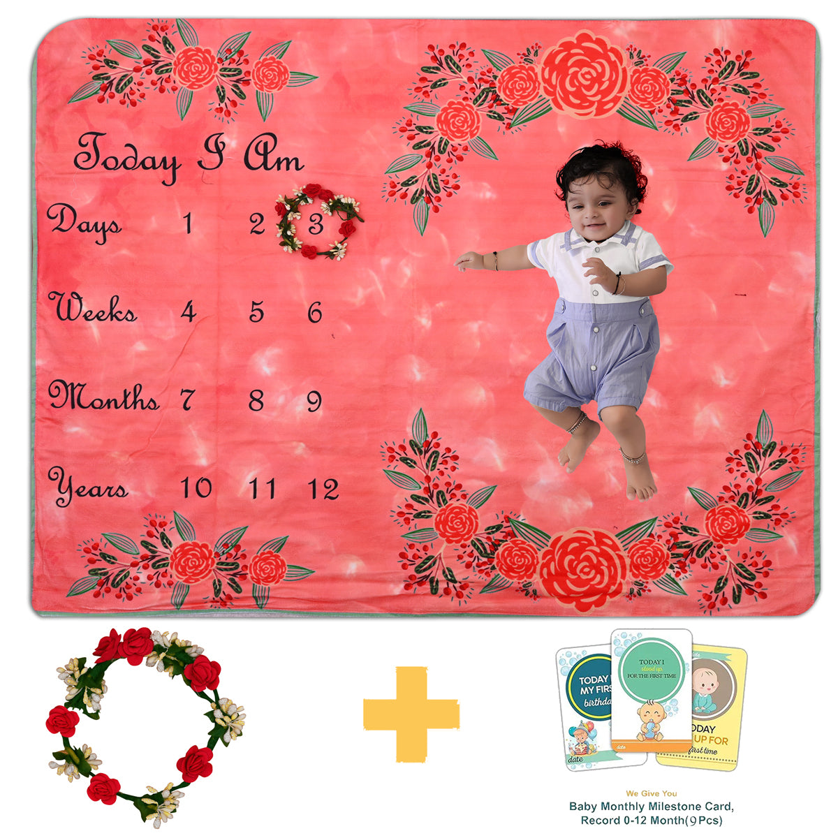 Beautiful Rose Printed Baby Milestone Blanket with Ring & Milestone Cards [99 x 120]