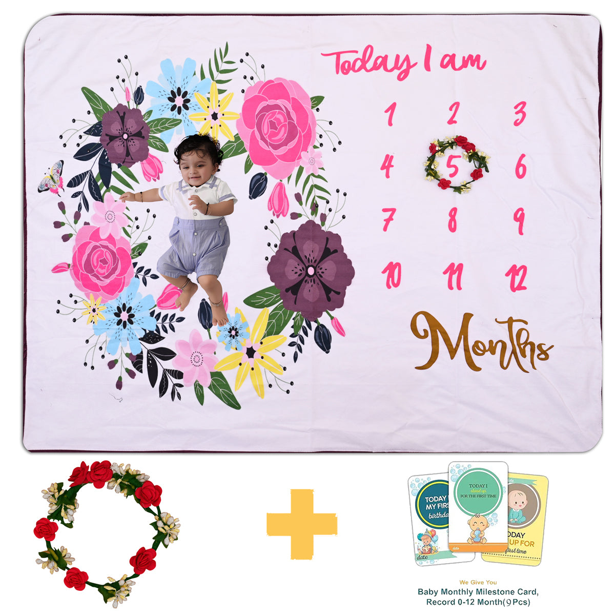 Flower Wreath Printed Baby Milestone Blanket with Ring & Milestone Cards [99 x 120]