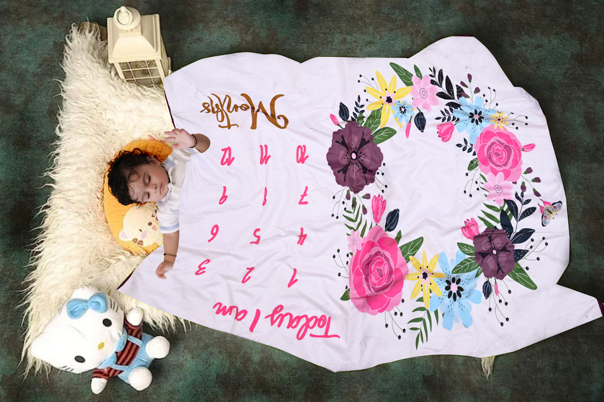 Flower Wreath Printed Baby Milestone Blanket with Ring & Milestone Cards [99 x 120]