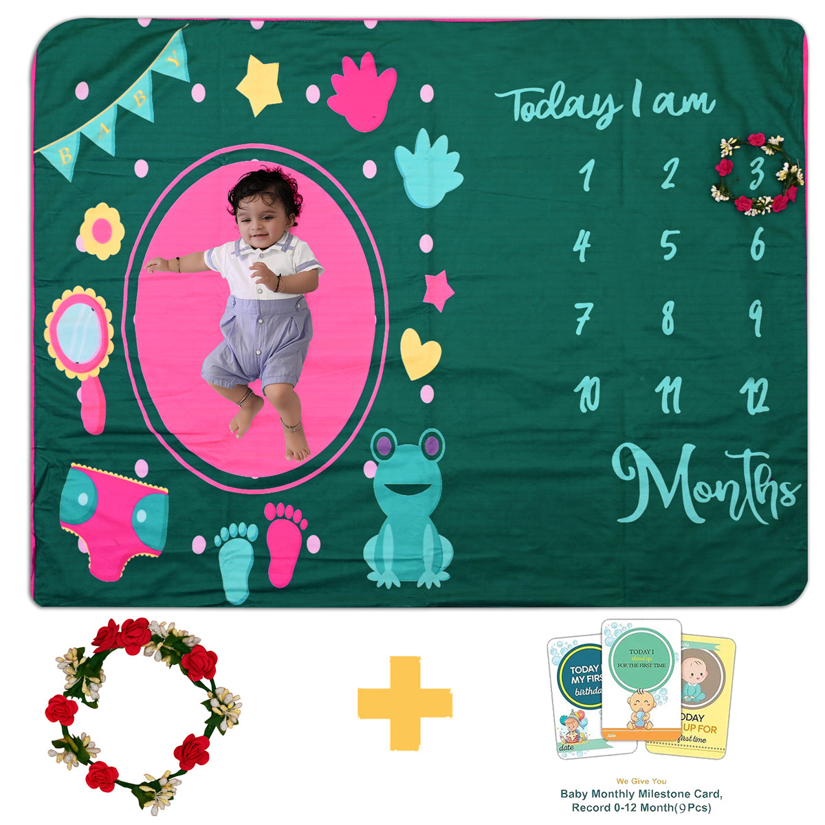 Capture Baby's Growth with Frog, Mirror & Footprint Printed Milestone Blanket with Ring & Milestone Cards [99 x 120]