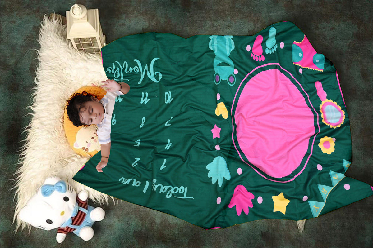 Capture Baby's Growth with Frog, Mirror & Footprint Printed Milestone Blanket with Ring & Milestone Cards [99 x 120]