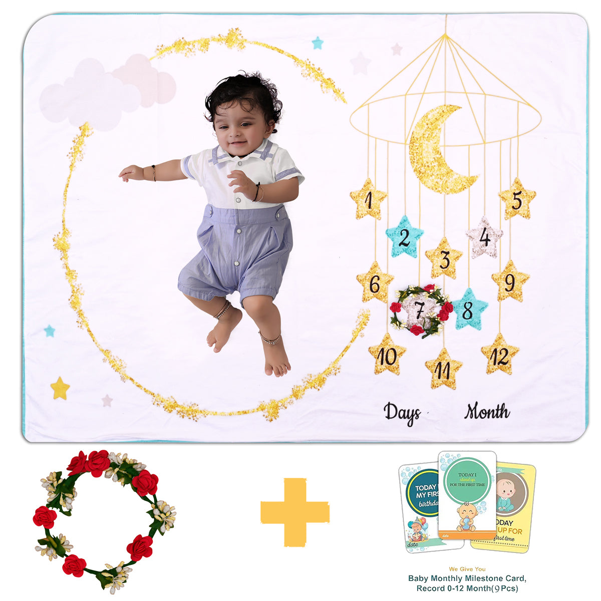 Celestial Clouds Moon & Stars Baby Milestone Blanket with Ring & Milestone Cards [99 x 120]