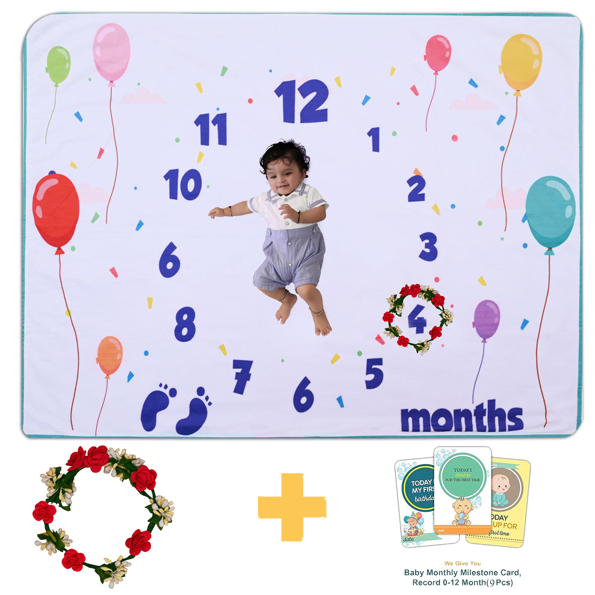 Colorful Balloons Printed Baby Milestone Blanket with Ring & Milestone Cards [99 X 120]