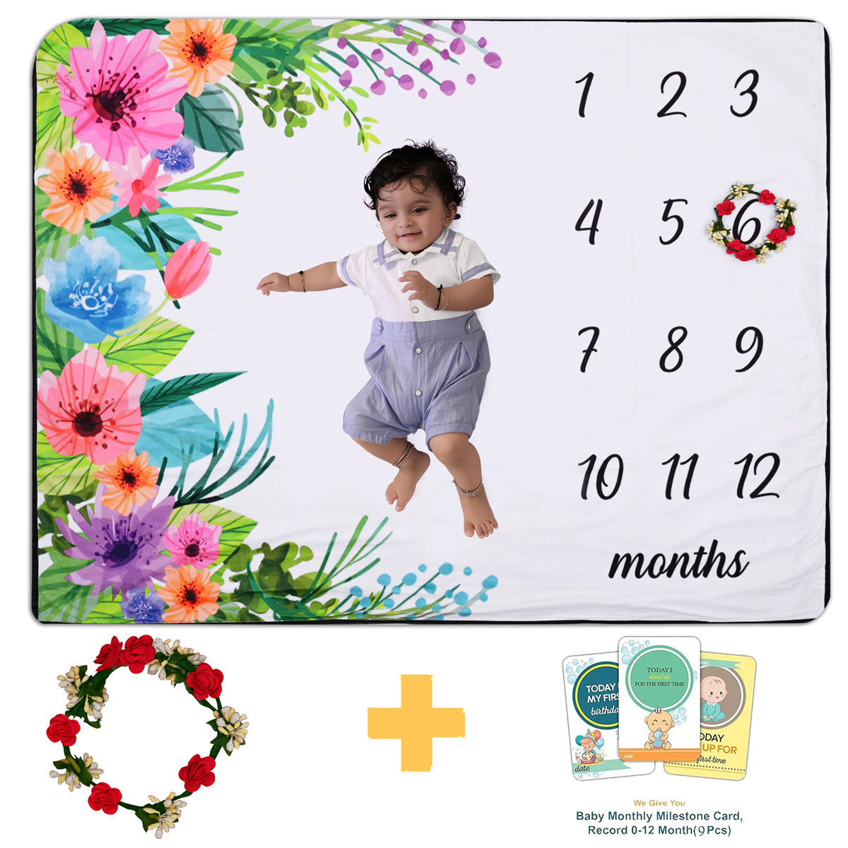 Colorful Flowers Printed Baby's Monthly Milestone Blanket with Ring & Milestone Cards [99 x 120]