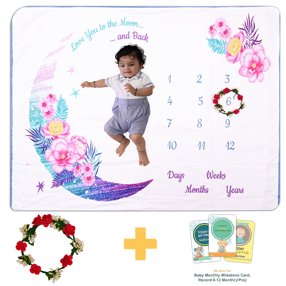 Colorful "Love You to the Moon and Back" Printed Baby Milestone Blanket with Ring & Milestone Cards [99 x 120]