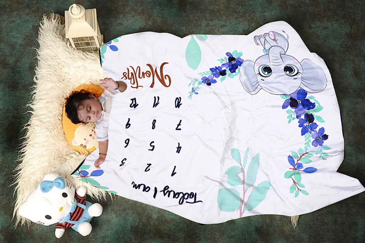 Cute Elephant Printed Baby Milestone Blanket with Ring & Milestone Cards [99 x 120]