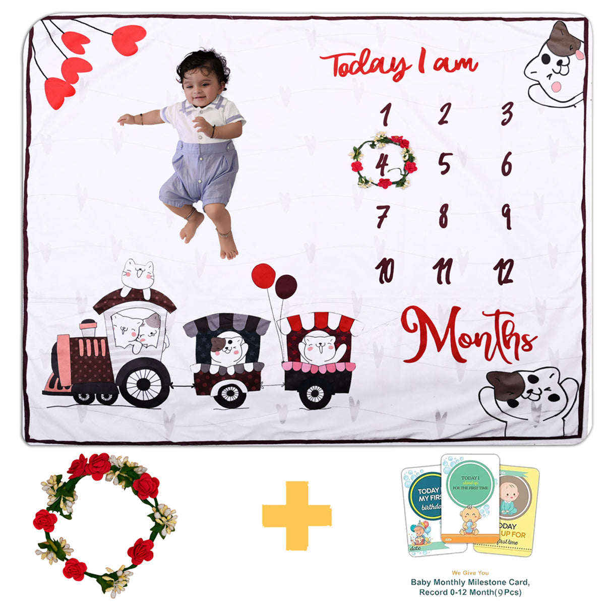 Cute Kitty & Train Printed Baby Milestone Blanket with Ring & Milestone Cards [99 x 120]