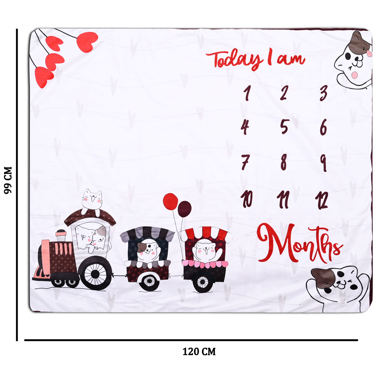 Cute Kitty & Train Printed Baby Milestone Blanket with Ring & Milestone Cards [99 x 120]