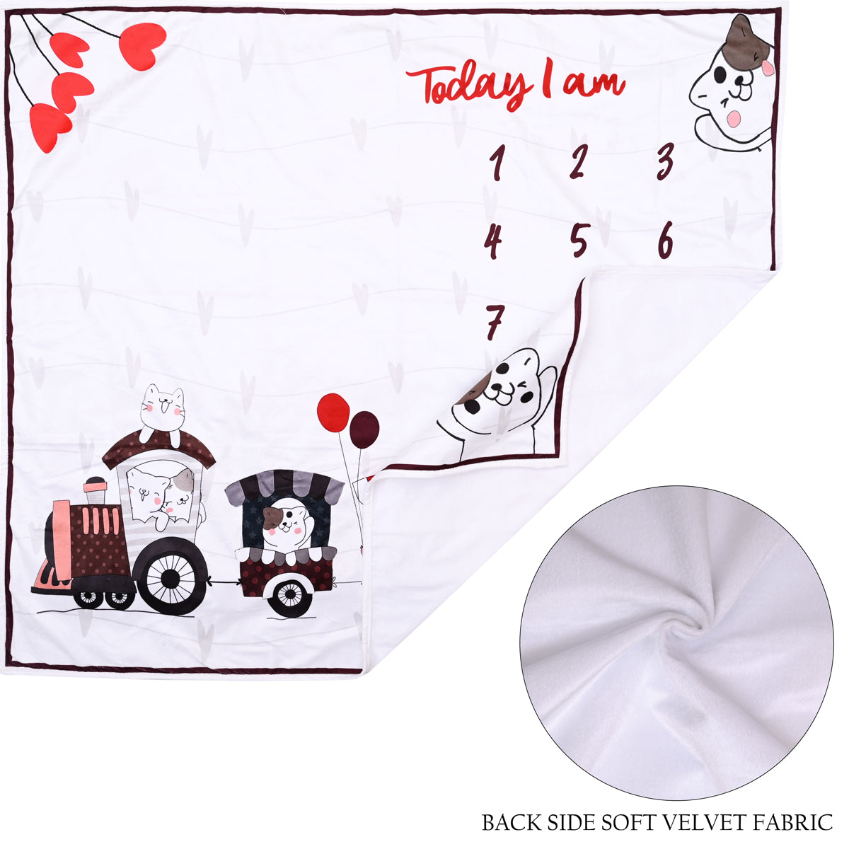 Cute Kitty & Train Printed Baby Milestone Blanket with Ring & Milestone Cards [99 x 120]