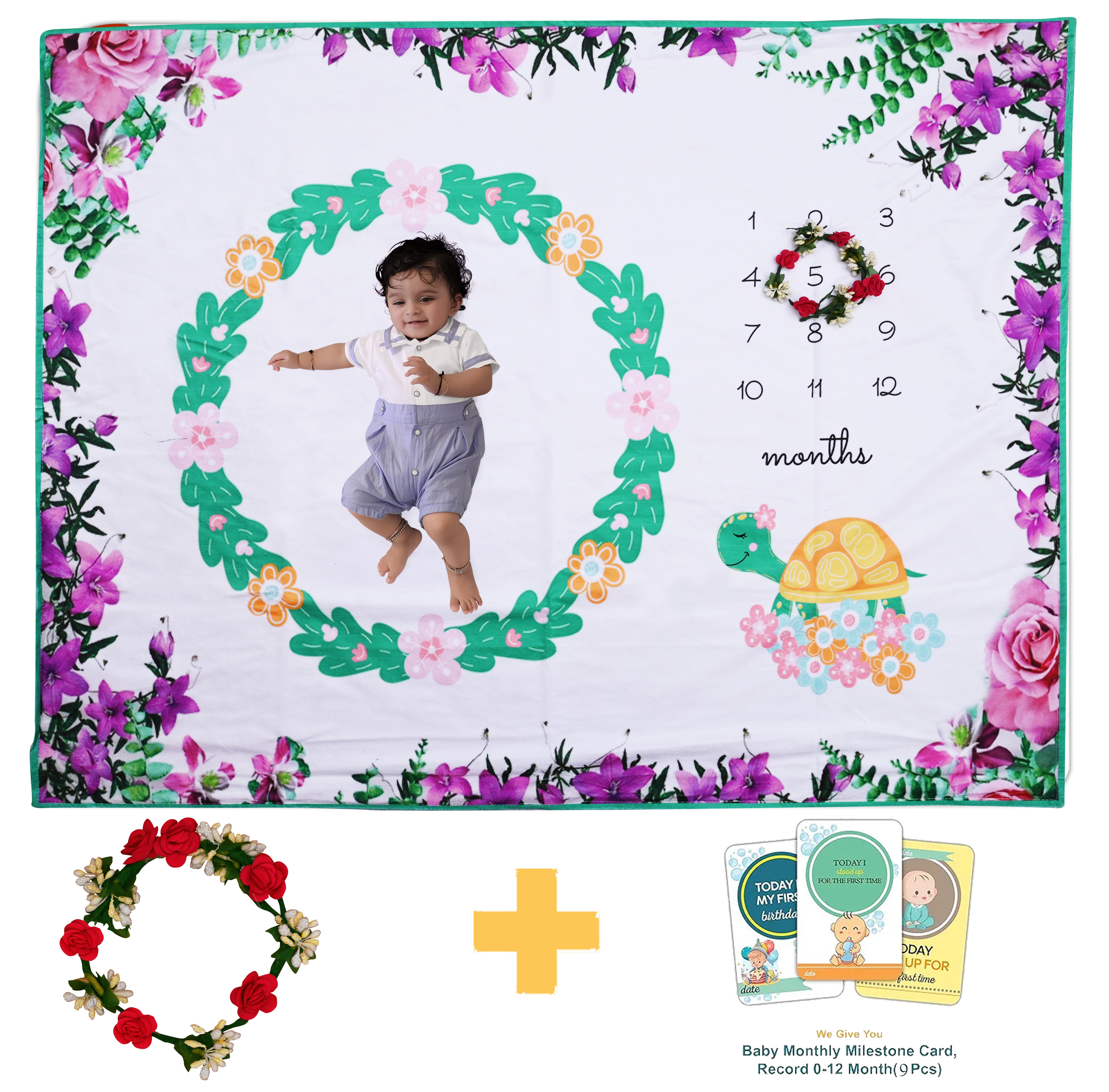 Cute Turtle & Flowers Printed Baby Milestone Blanket with Ring & Milestone Cards [99 x 120]