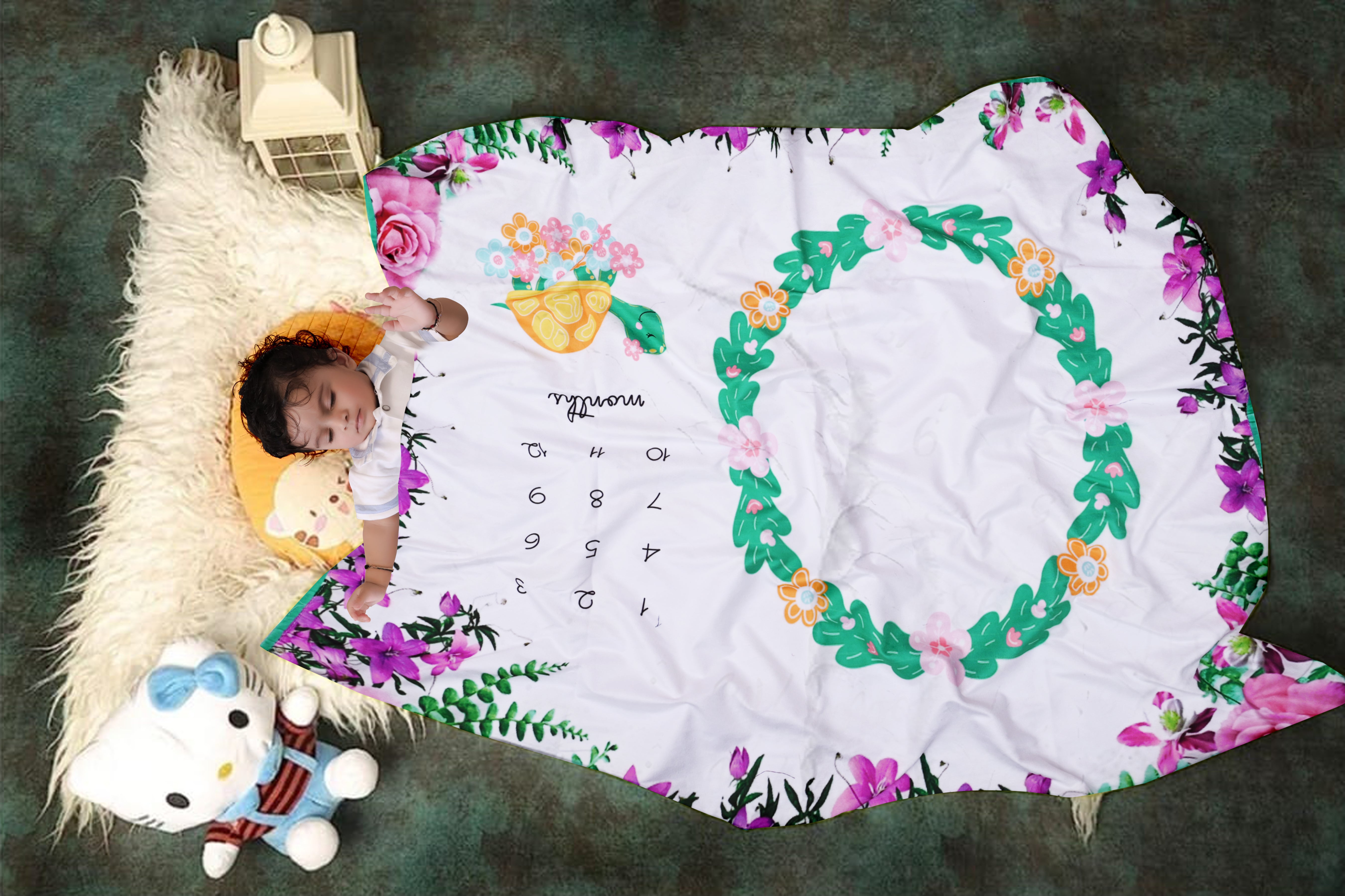 Cute Turtle & Flowers Printed Baby Milestone Blanket with Ring & Milestone Cards [99 x 120]