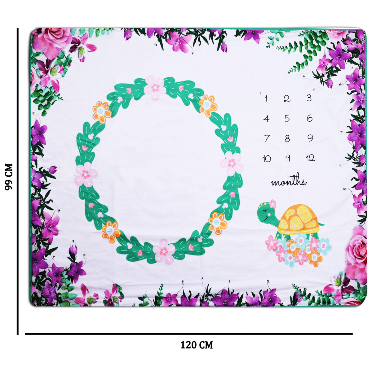 Cute Turtle & Flowers Printed Baby Milestone Blanket with Ring & Milestone Cards [99 x 120]