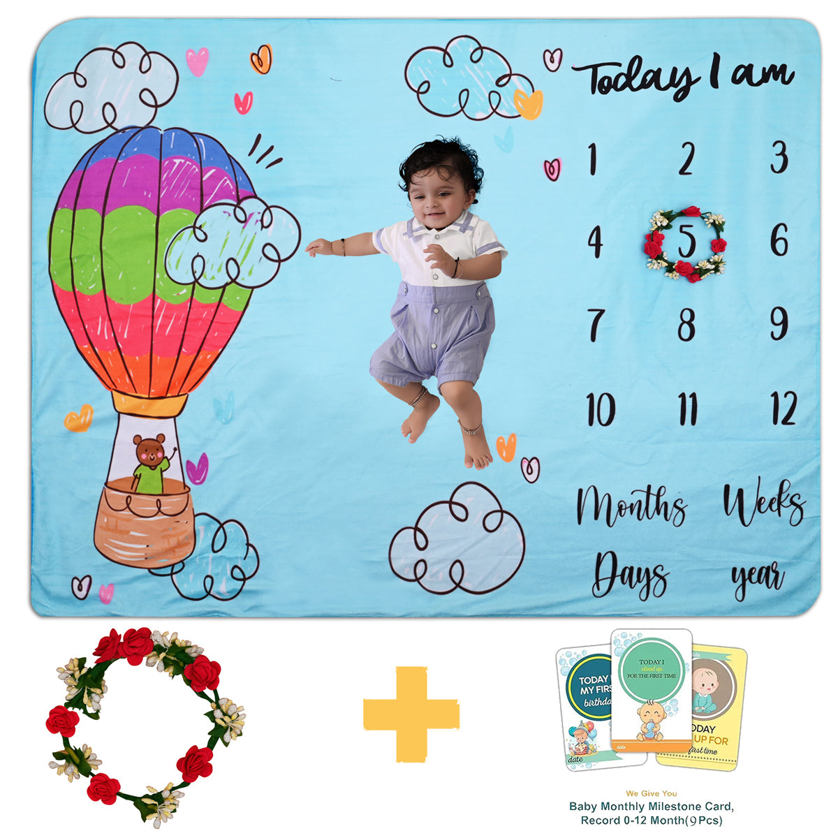 Hot Air Balloon & Teddy Bear Printed Baby Milestone Blanket with Ring & Milestone Cards [99 x 120]