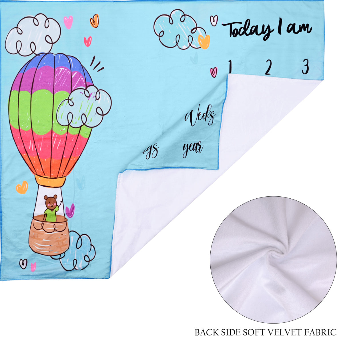 Hot Air Balloon & Teddy Bear Printed Baby Milestone Blanket with Ring & Milestone Cards [99 x 120]