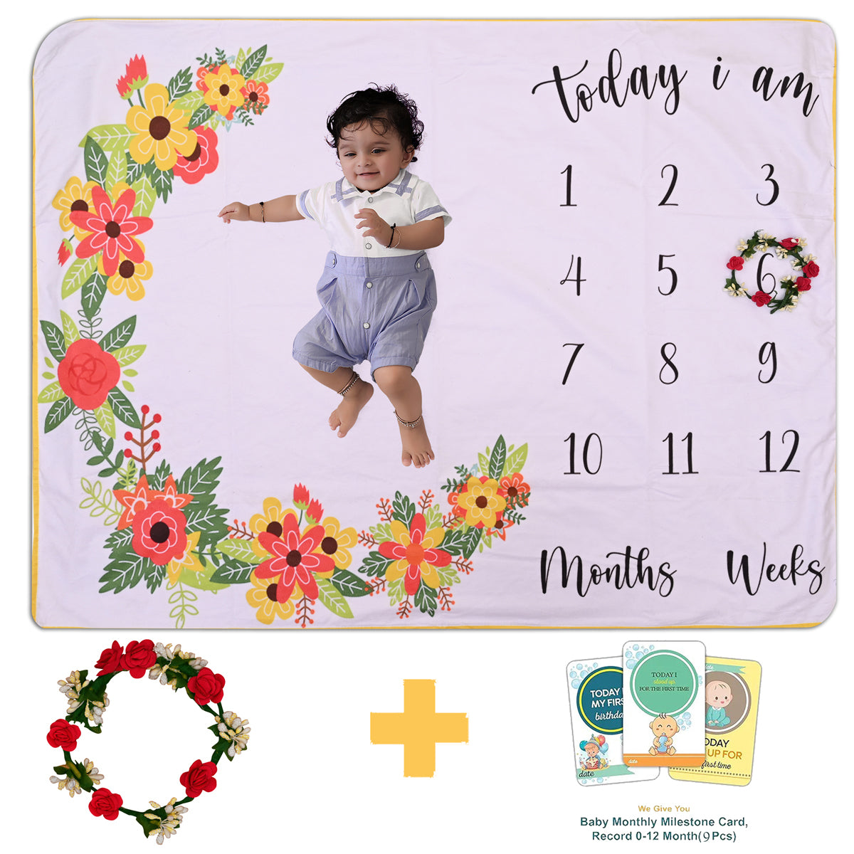 Leafy Floral Baby Milestone Blanket with Ring & Milestone Cards [99 x 120]