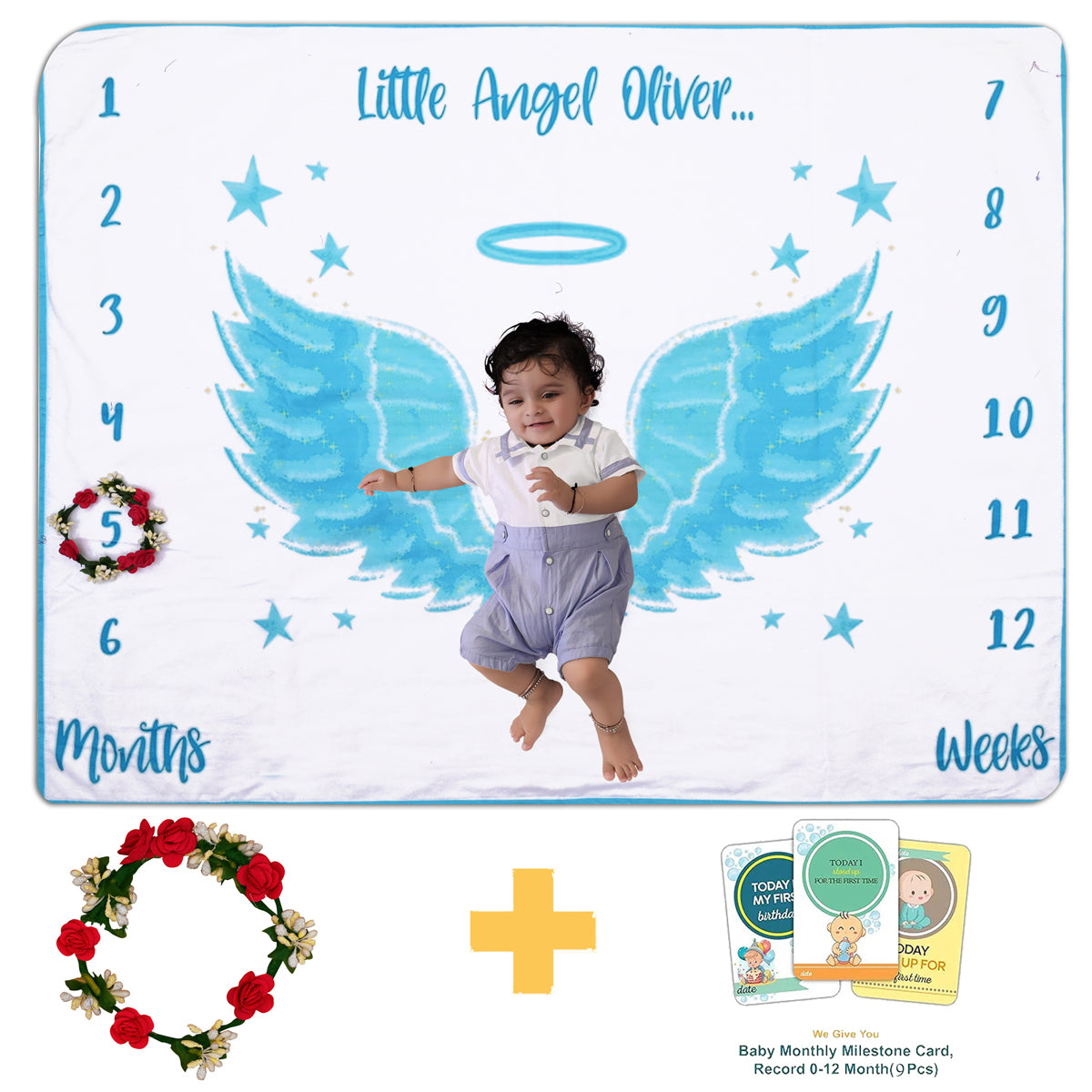 Little Angel Wings Baby Milestone Blanket with Ring & Milestone Cards [99 x 120]