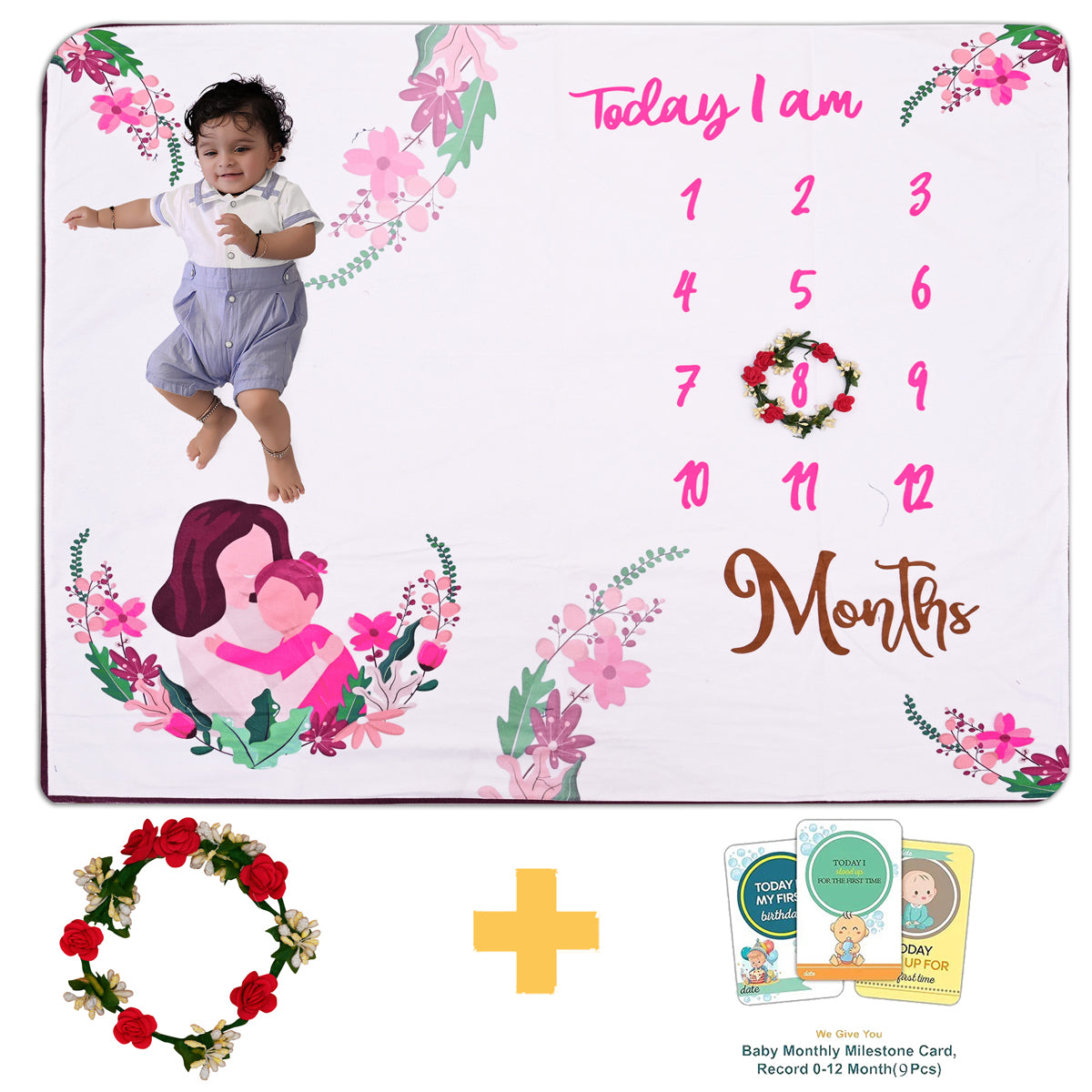 Mother & Daughter Cuddling Flowers Printed Baby Milestone Blanket with Ring & Milestone Cards [99 x 120]