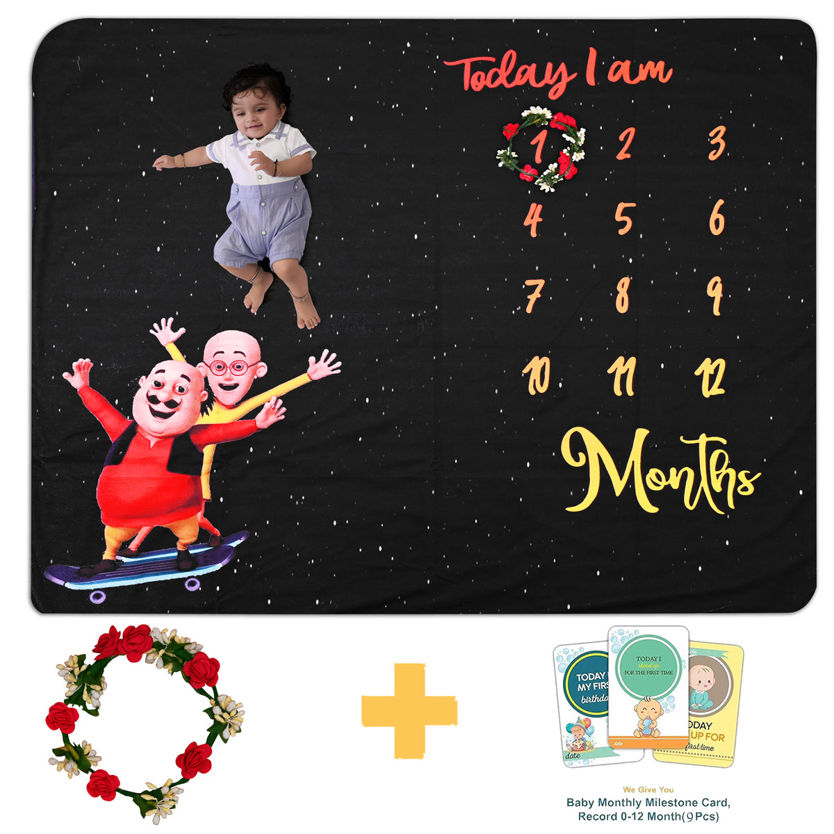 Motu Patlu Cartoon Printed Baby Milestone Blanket with Ring & Milestone Cards [99 x 120]