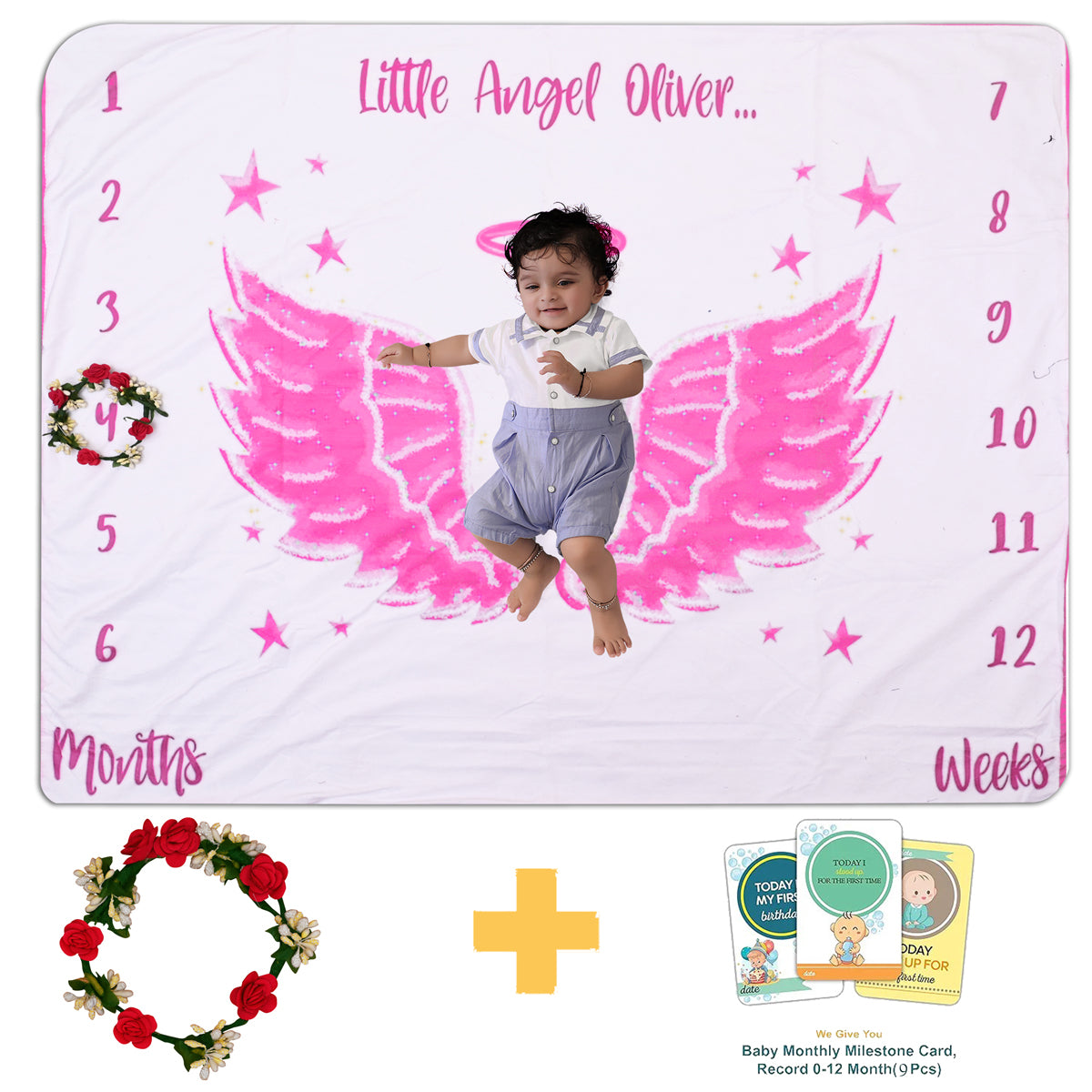 Pink Little Angel Wings Baby Milestone Blanket with Ring & Milestone Cards [99 x 120]