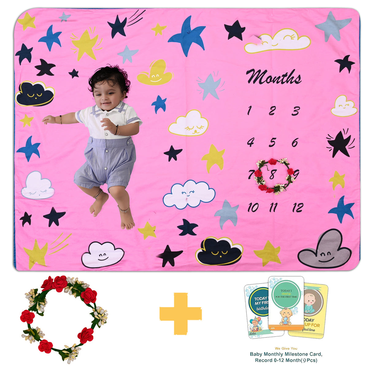 Pink Sparkling Stars & Fluffy Clouds Baby Milestone Blanket with Ring & Milestone Cards [99 x 120]