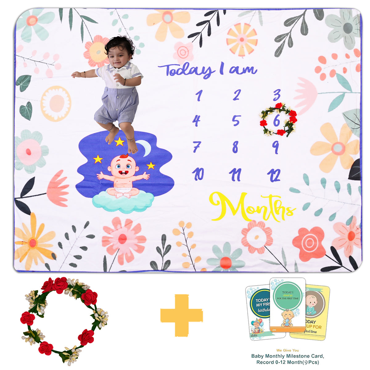 Pretty Flowers Printed Baby Milestone Blanket with Ring & Milestone Cards [99 x 120]