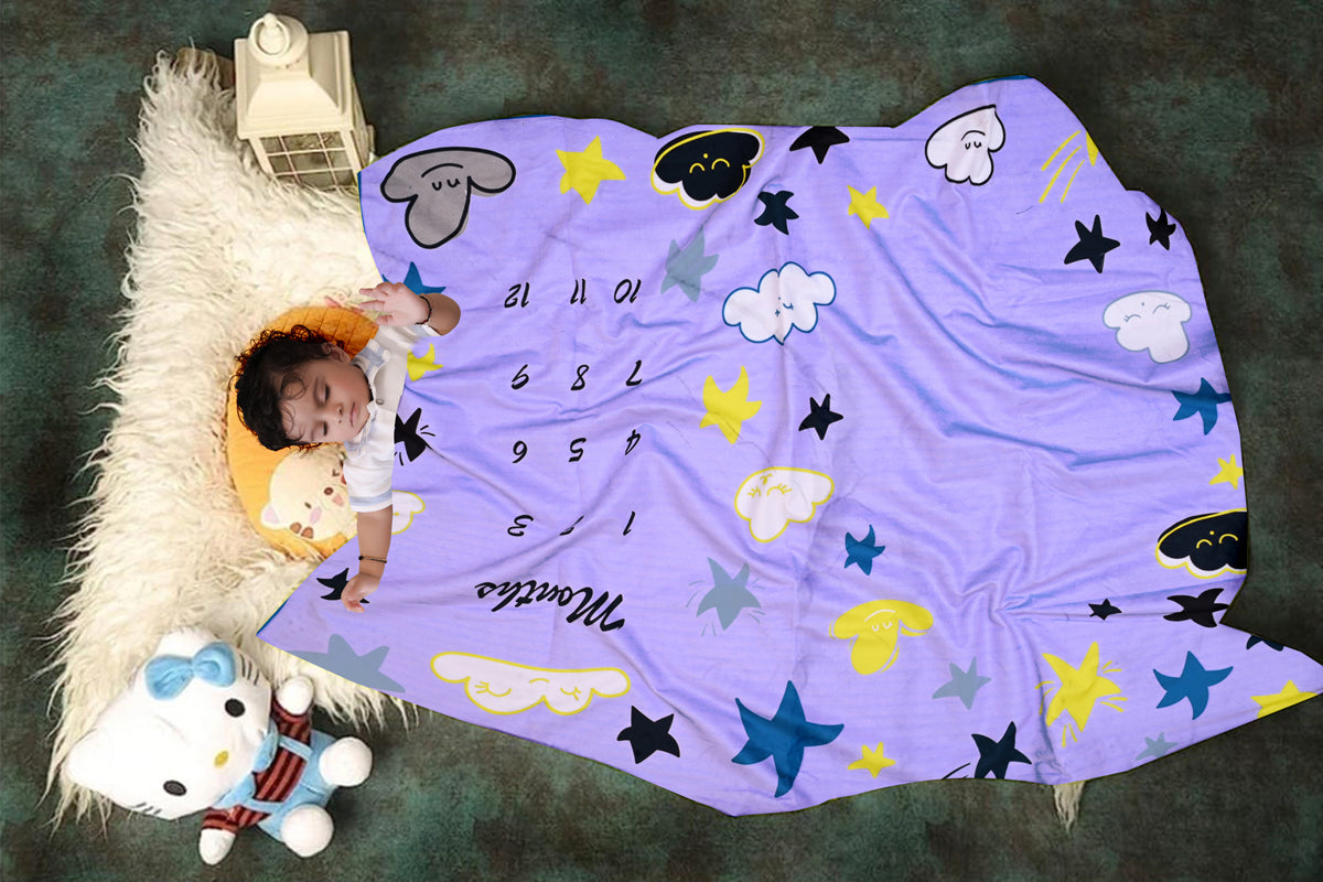 Purple Sparkling Stars & Fluffy Clouds Baby Milestone Blanket with Ring & Milestone Cards [99 x 120]