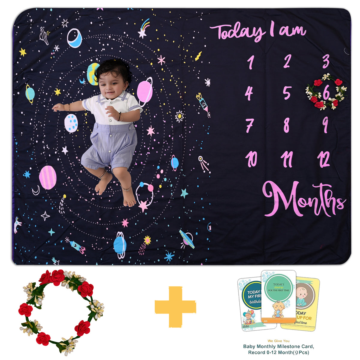 Solar System Printed Baby Milestone Blanket with Ring & Milestone Cards [99 X 120]