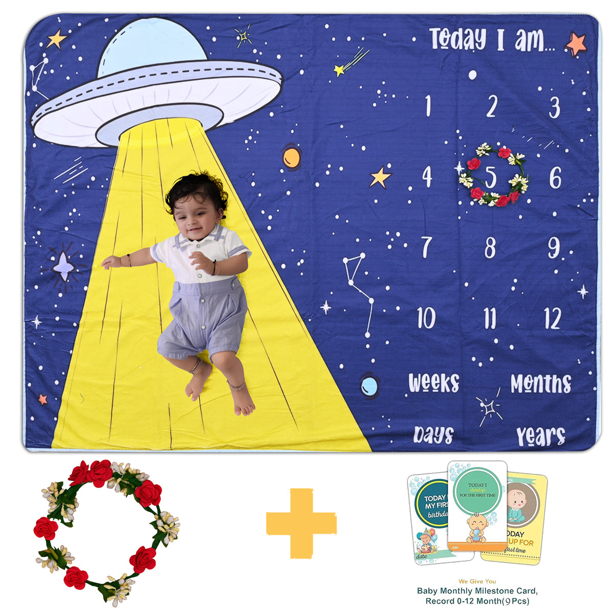 Spaceship Printed Baby Milestone Blanket with Ring & Milestone Cards [99 x 120]