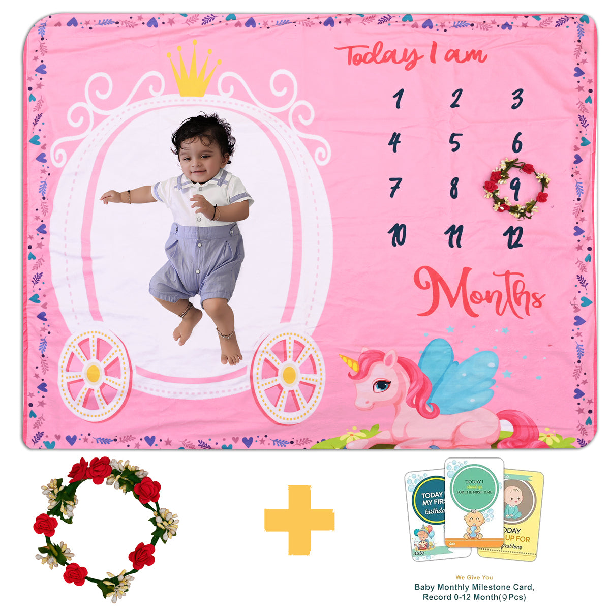 Cute Unicorn & Carriage Printed Baby Milestone Blanket with Ring & Milestone Cards [99 X 120]