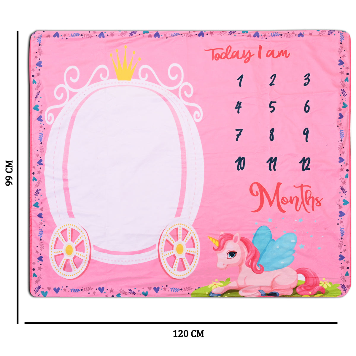 Cute Unicorn & Carriage Printed Baby Milestone Blanket with Ring & Milestone Cards [99 X 120]