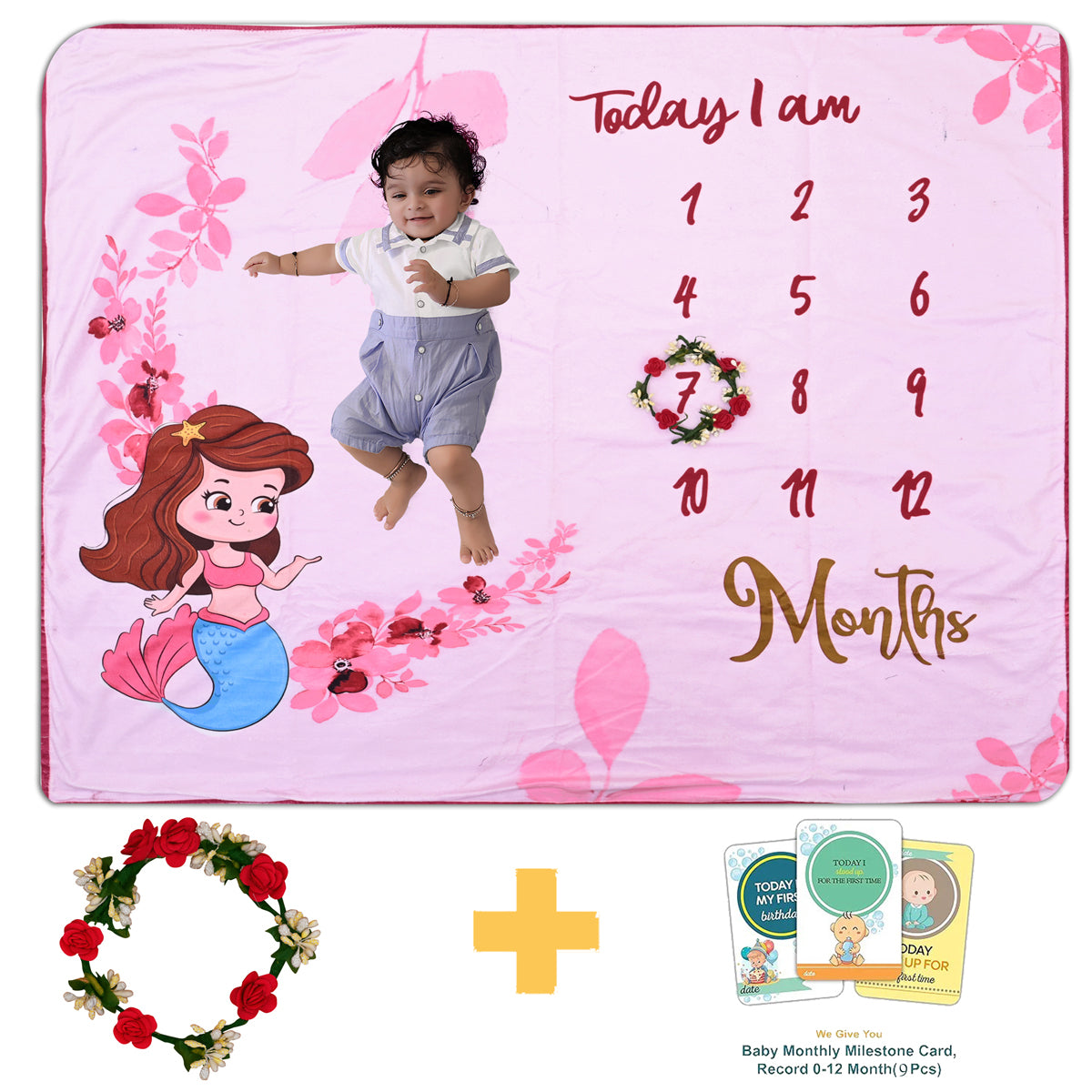 Whimsical Mermaid & Floral Baby Milestone Blanket with Ring & Milestone Cards [99 x 120]