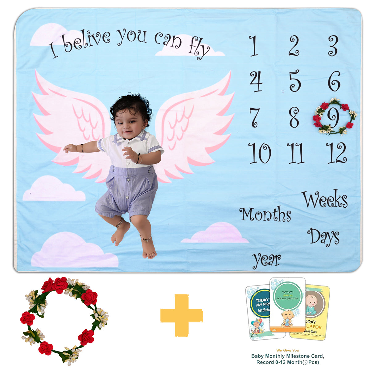 Sky Color Little Angel Wings Baby Milestone Blanket with Ring & Milestone Cards [99 x 120]