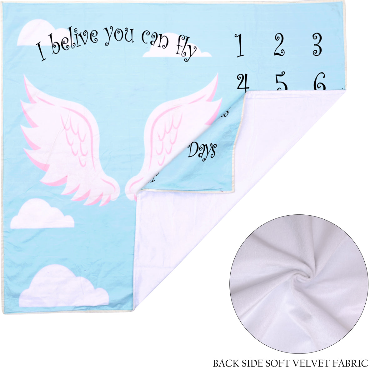 Sky Color Little Angel Wings Baby Milestone Blanket with Ring & Milestone Cards [99 x 120]